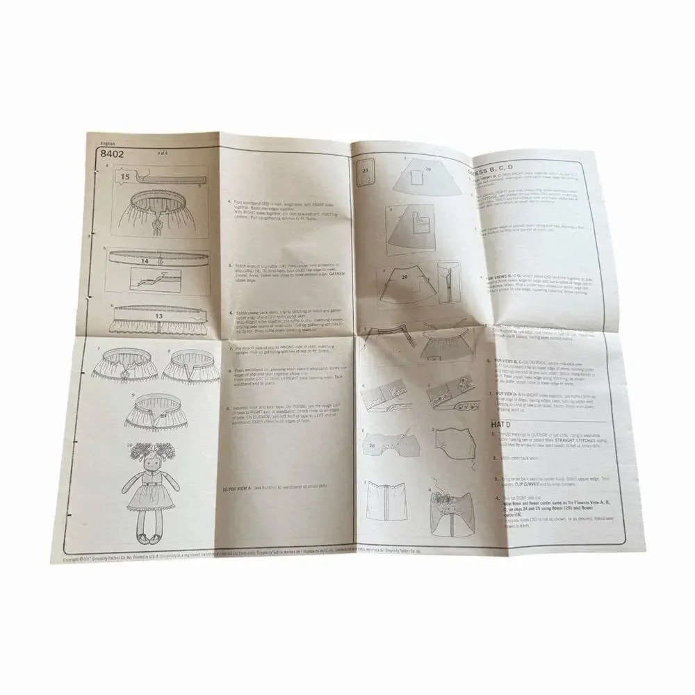Simplicity 8402 Rag Doll Sewing Pattern Soft Dolls One Size Complete Cut